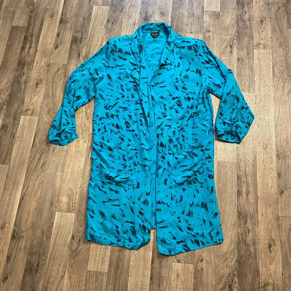 Vintage Leger Teal Patterned Cardigan Lightweight Open Front Shoulder Pads 12